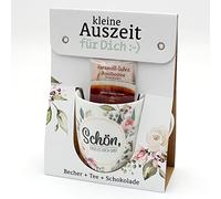 Set regalo - Piccola pausa - Tè - Tazza da caffè/tazza in porcellana + tè + cioccolato, motivo: Bello che ci sia/fiori, dimensioni H/Ø: 9,8 x 8,2 cm, capacità 250 ml, lavabile in lavastoviglie.
