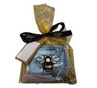 Set regalo - Portamonete metallico con ape e portachiavi con nappa, design ricamato con ape, borsa compatta con cerniera con finestra identificativa, nastro legato con etichetta in carta kraft vuota