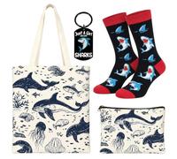 Set Regalo Squalo 4 Pezzi - Borsa, Pochette, Calzini e Portachiavi | Regalo originale per amanti degli squali - utile ogni giorno, ricco di simbolismo e dettagli curati