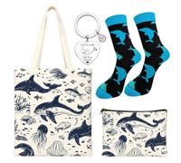 Set Regalo Squalo 4 Pezzi - Borsa, Pochette, Calzini e Portachiavi | Regalo originale per gli amanti dell'oceano - ricco di significato, pratico e bello da regalare