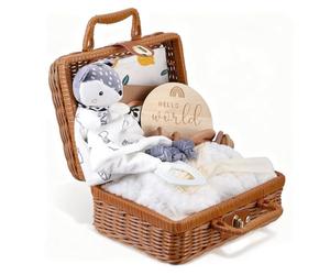 Set regalo torta di pannolini per bambini - Set neonato premium da 8 pezzi con ciuccio a forma di volpe e sonaglio in legno - Regalo di nascita in scatola di bambù per bambini e bambine, baby shower