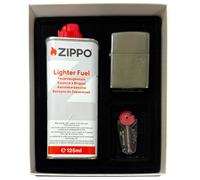 Set Regalo Zippo Accendino Cromato Spazzolato Pietre Foca Benzina Scatola Regalo