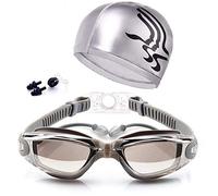 Set regolabile di occhiali da nuoto e berretto, nessuna perdita anti-nebbia, protezione UV di triathlon con clip naso, tappi per le orecchie, cover per adulti, uomini e donne giovani (argento)