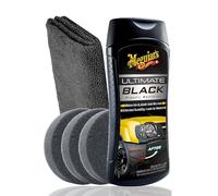Set rinfrescante in plastica per auto per interni ed esterni, Meguiar's Ultimate Black Plastic Restorer + 3 tamponi applicatori + panno lucidante | cura della plastica per una nuova lucentezza con