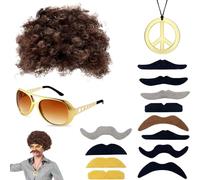 Set Rockstar con occhiali da sole,15 Pezzi Set di Costumi Hippie, Parrucca Afro Funky, Divertenti Parrucche degli Anni 60 e 70 - Set Costume Gabibbo con Baffi Finti, Pistola Finta e Fiori Finti