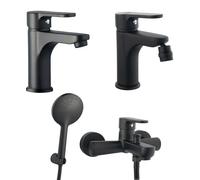 Inbagno Set miscelatori lavabo Bidet e Vasca con doccetta, Nero Opaco in Ottone, Serie Paco
