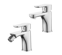 Set Rubinetti Bagno Lavabo E Bidet In Ottone Cromato - Coppia Miscelatori Monocomando Con Scarico A Salterello - Linea Selma