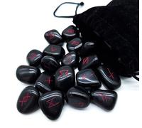 Set rune con pietre preziose per anziani Futhark, 25 pietre da circa 20 mm, in sacchetto di velluto, mitologia vichinga, esoterica, meditazione, magia (agata nera, incisione rossa)