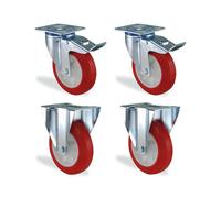 Set ruote girevoli freno e fisso poliuretano rosso diametro 80 mm cha...
