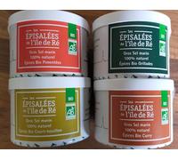 Set sale grosso 4x150g - sale con curry, sale con condimento griglia, sale con spezia stufato, sale con pepe Espelette - Les sauniers de l'Ile de Ré