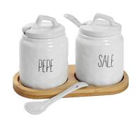 SET SALE PEPE CONTENITORI BARATTOLI CERAMICA BIANCA VASSOIO LEGNO MODERNO 2010