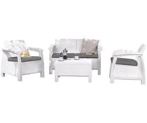 Set salotto completo da giardino poltrone divano e tavolino rattan Keter Corfù bianco