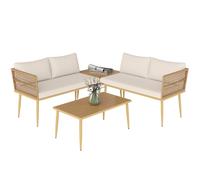 Set Salotto Da Esterno In Rattan Pe Con 2 Divani A 2 Posti Con Cuscini E 2 Tavoli Da Caffè, Colore Legno