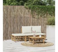 Set Salotto da Giardino 4pz con Cuscini Bianco Crema in Bambù