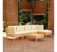Set salotto da giardino in legno di pino massiccio, cuscino bianco crema, mobili modulari per esterni, balcone, veranda, per relax e conversazioni