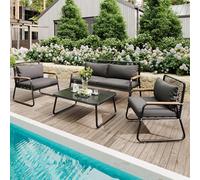 Set salotto da giardino per 4 persone, con struttura in ferro zincato, piano in vetro temperato, gambe regolabili, incluso tutto il cuscino per seduta e schienale, colore: nero