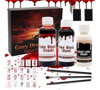 Set Sangue Finto Halloween, 58 ml sangue fresco artificiale, 48 ml rosso scuro, lattice liquido da 28 ml pennello da trucco e spugna, lavabile, per carnevale, per zombie vampiri