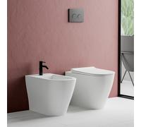 Set Sanitari Filo Muro Traslato Rimless Senza Brida In Ceramica Bianco Lucida Linea Mirto, L 36 x P 55 x H 41 Cm, Completo Di Sedile Soft-Close