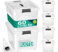 BAKAJI Set 4 Contenitori con Coperchio per Vesiti in Plastica con Ruote, Portaoggetti Impilabile per Stoccaggio Vestiti, Scatole per armadio, Giocattoli, Libri, Salvaspazio (4 x 60 Lt Alto)