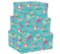 Set Scatole in Cartone Pregiato, Scatole Cartone con Coperchio, Scatole Regalo, Set da 3, 28x23x15cm + 33x28x16cm + 38x30x17cm, Decorazione in Oro, con Carta Usomano. Fantasia: La sirenetta