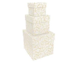 Set Scatole in Cartone Pregiato, Scatole Cartone con Coperchio, Scatole Regalo, Set da 3, 7,5x7,5x7,5cm + 11x11x11cm + 15x15x15cm, Decorazione in Oro, con Carta Usomano. Fantasia: Geometrico