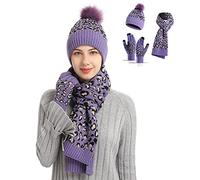Set Sciarpa e Guanti e Berretti in Maglia da Donne Ragazza Invernali Scaldacollo con Leopardo Modello 3 Pezzi di Cappelli & Guanti & Collo Scialle - Accessori per Cappotto, Purple