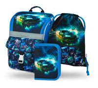 Baagl Zainetto per la scuola per ragazzi e ragazze, set da 3 pezzi, zaino per la scuola primaria con cintura sul petto, zaino ergonomico per la scuola, Automobile da corsa, Set per la scuola
