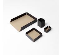 Set Scrivania Acciaio Nero e Cuoio Beige - 4 Pezzi - Design Moderno