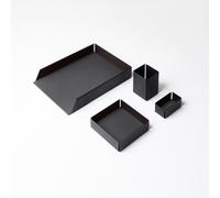 Set Scrivania Acciaio Nero e Pelle Nera - 4 Pezzi - Design Moderno