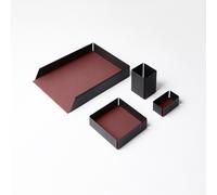 Set Scrivania Acciaio Nero e Pelle Rosso Bordeaux - 4 Pezzi - Design Moderno