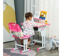 Set Scrivania e Sedia per Bambini 6-12 Anni ad Altezza Regolabili, Banco Scuola con Lampada, Cassetto, Gancio, Portapenne e Leggio, Set Banco con Sedia per Bambini in Acciaio e MDF, Rosa