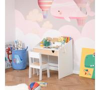 Set Scrivania e Sedia per Bambini con Cassetto e Scaffale, Bordi Arrotondati, Età 6-10 Anni, Bianco e Legno