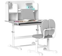 Set Scrivania E Sedia Per Bambini Regolabili, Banco Scuola Con Piani Inclinabili, Cassetti E Scaffali, Grigio