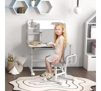 Set Scrivania e Sedia per Bambini Regolabili, Banco Scuola con Piani Inclinabili, Cassetti e Scaffali, Grigio