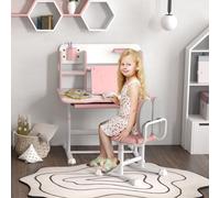 Set Scrivania e Sedia per Bambini Regolabili, Banco Scuola con Piano Inclinabile, Cassetto, Scaffale, Rosa