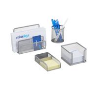 Relaxdays Set da Scrivania Ufficio, 4 Accessori Portacarte, Portapenne, Contenitore Foglietti e Graffette, Mesh, Argento