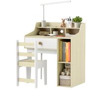 Set Scrivania Per Bambini E Sedia In Legno Con Scaffale E Cassetto, Età 3-10 Anni, Bianco E Legno