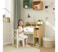 Set Scrivania per Bambini e Sedia in Legno con Scaffale e Cassetto, Età 3-10 Anni, Bianco e Legno