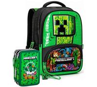Set Scuola 2 Pezzi Per Minecraft Fan Zaino Scuola Elementare Bambino 42cm Ergonomico + Astuccio 3 Scomparti Completo (44 Accessori)