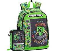 Set Scuola 2 Pezzi Per Minecraft Fan Zaino Scuola Elementare Bambino + Astuccio 3 Scomparti Completo (45 Accessori) - School Pack Mascots