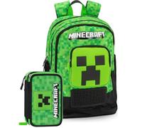 Set Scuola 2 Pezzi Per Minecraft Fan Zaino Scuola Elementare Bambino + Astuccio 3 Scomparti Completo (45 Accessori) - School Pack