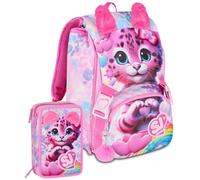 Set Scuola 2 Pezzi Per Seven Sj Heart Buddy Fan Zaino Scuola Elementare Bambina + Astuccio 3 Scomparti Completo (45 Accessori) - School Pack Bambini
