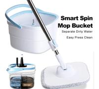 Set secchio e mocio in microfibra, mocio con separazione acqua pulita e sporca, funzione di strizzatura automatica, testina quadrata girevole a 360°, sistema di pulizia a mani libere per pavimenti in