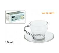 SET SERVIZIO 6 TAZZE TAZZINE CAFFÈ IN VETRO TRASPARENTE CON PIATTINO 220ML