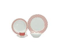 Set Servizio da 30 Pezzi da Tavola con Piatti, Ciotole e Tazze - Servizio da Tavolo con Decorazione a Scacchi, in Porcellana, Bianco e Rosso