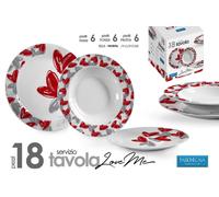 SET SERVIZIO PIATTI TAVOLA 18 PEZZI PORCELLANA DOLCE FONDO PIANO CUORE ROSSO GRI