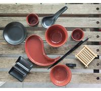 Set servizio SUSHI ceramica nera marrone bacchette orientale ciotole piatto