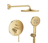Set soffione doccia con braccio Grohe Rainshower 26558GL0, rubinetto per vasca e doccia Grohe Essence 24058GL1, 26574GL0, 26658GL0, 28362GL1