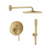 Set soffione doccia con braccio Grohe Rainshower 26558GN0, rubinetto per vasca e doccia Grohe Essence 24058GN1, 26658GN0, 27400GN0, 28362GL1
