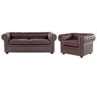 Set Soggiorno Chesterfield in Pelle Marrone Divano a 3 posti + Poltrona Chesterf